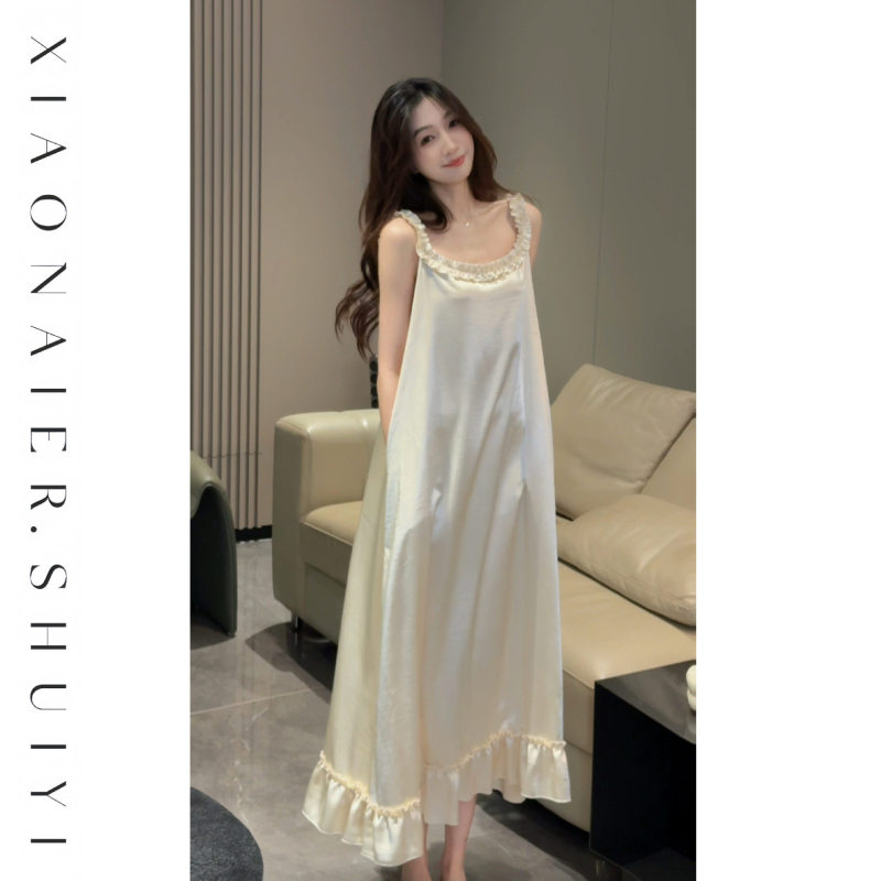 Imitation Acetate Ice Silk Suspender Nightgown for Women, New Summer Style, Pearl White, High-End, Sleeveless, Long Home Wear, Can Be Worn Outside Imitation Acetate Ice Silk Suspender Nightgown for Women, New Summer Style, Pearl White, High-End, Sleeveless, Long Home Wear, Can Be Worn Outside