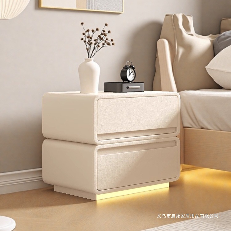 Light Luxury Solid Wood Bedside Table Cream Style Simple Modern Leather High-End Storage Cabinet Master Bedroom Bedside Storage Cabinet