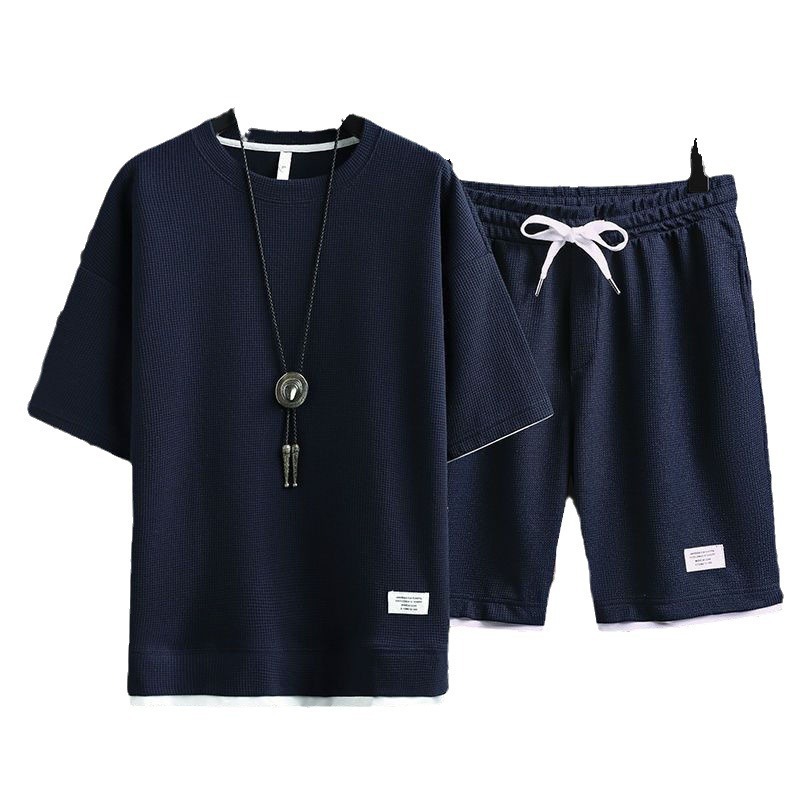 (2개) 와플 캐주얼 세트 남성 여름 반팔 티셔츠 남성 의류 세트 잘 생긴 패션 브랜드 스포츠 의류