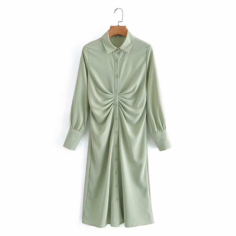 light green chest fold design lapel shirt dress Nihaostyles wholesale clothing vendor NSAM75471