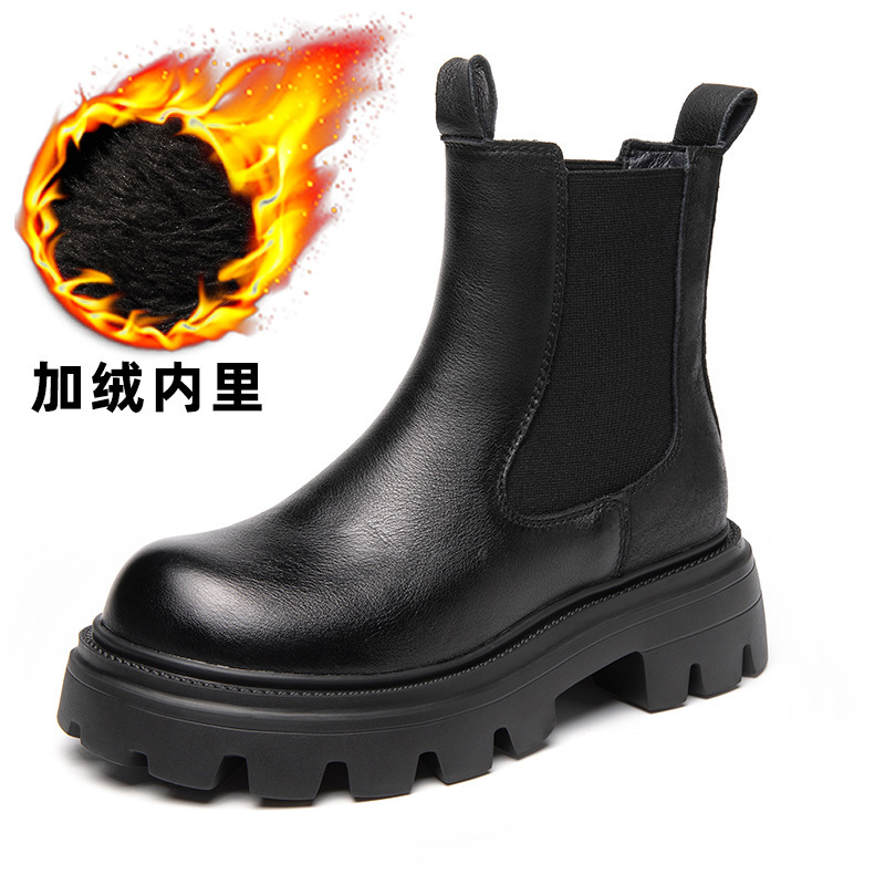 厚底真皮马丁靴女秋冬新款小个子增高短靴加绒烟筒靴时尚单靴|undefined
