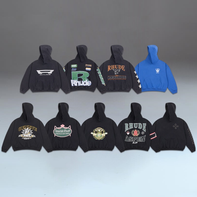 The American streetwear brand Rhude's series of badge prints is consistently available on Instagram, offering high street cross-border couple's hoodies for men and women in a loose fit