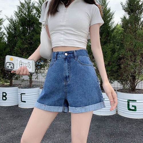 Curled jeans shorts women's summer loose Korean style student high-waist slim casual thin a-line wide-leg hot pants