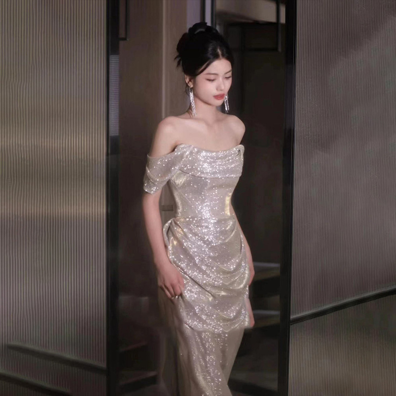 Evening Dress One-Shoulder Dress for Women 2026 New Style Elegant Engagement Banquet Host High-End Toast Dress Bride