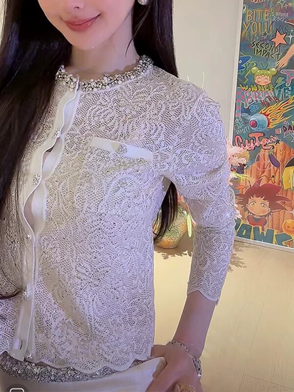Heavy-duty beaded exquisite round-neck waist-cinching Chanel-style top