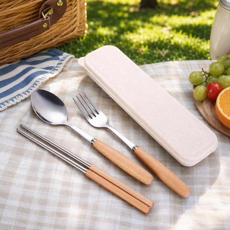 Wooden handle cutlery stainless steel spoon, fork, and chopsticks set, student gift three-piece set, outdoor travel set, in stock