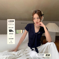 宋正恩藏蓝色正肩V领短袖t恤女夏日韩系独特显瘦海军领设计感上衣