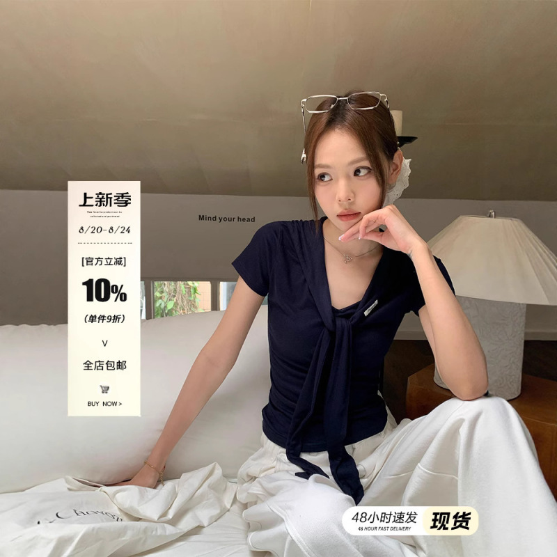 宋正恩藏蓝色正肩V领短袖t恤女夏日韩系独特显瘦海军领设计感上衣|undefined