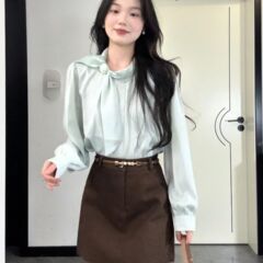 韩系法式气质系带长袖衬衫女秋季高腰A字半身裙两件套ins