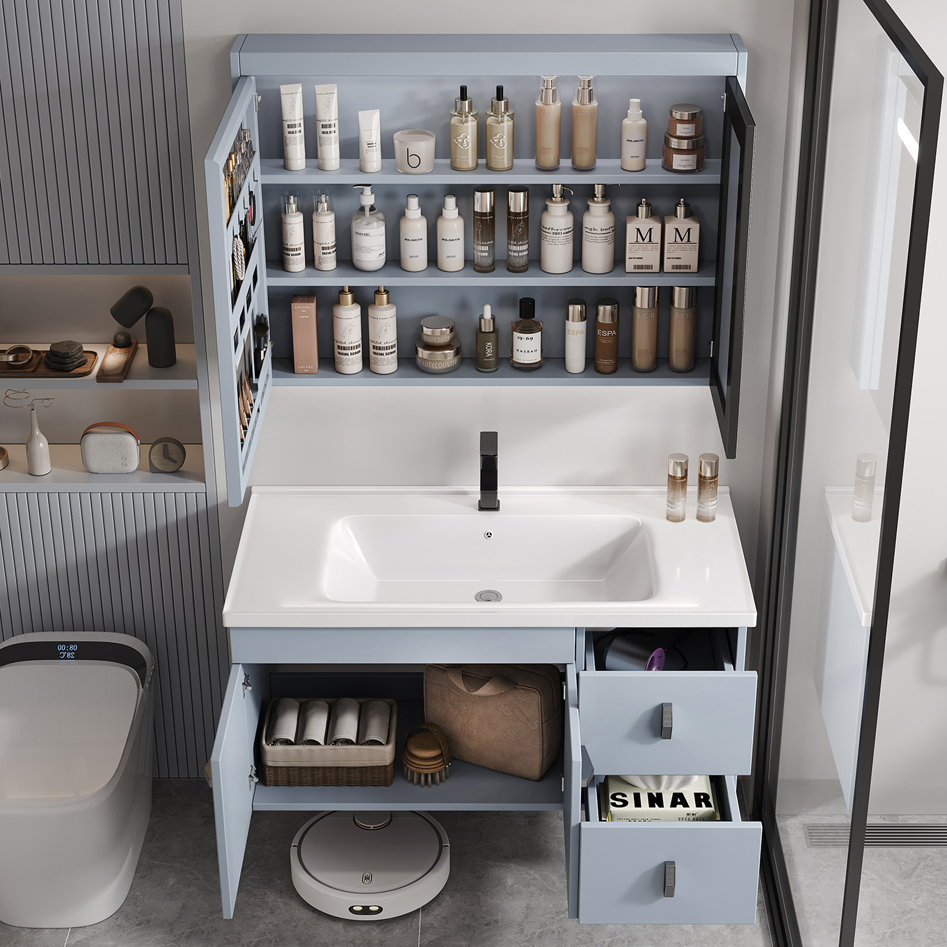 Gabinete de baño de acero inoxidable azul simple combinación de cerámica en una bañera lavabo gabinete