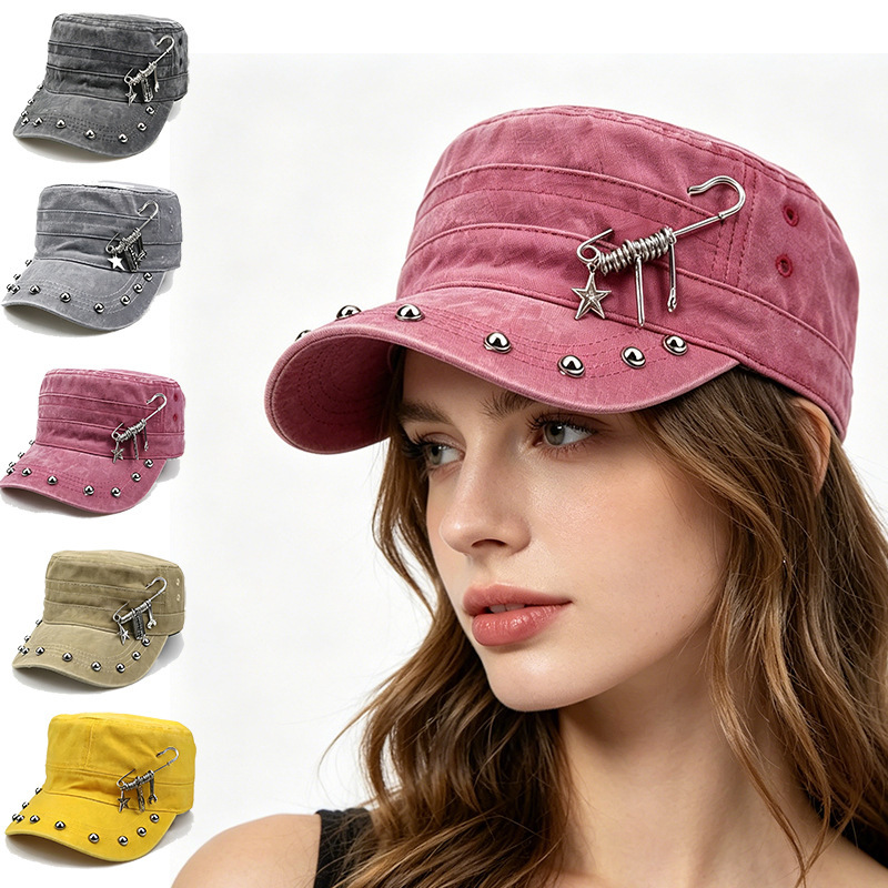 Amazon Cross-Border New Style Rivet-Decorated Flat-Top Military Hat, Punk Style European and American Personalized Flat-Top Hat, Hip-Hop Trendy Hat Amazon Cross-Border New Style Rivet-Decorated Flat-Top Military Hat, Punk Style European and American Personalized Flat-Top Hat, Hip-Hop Trendy Hat