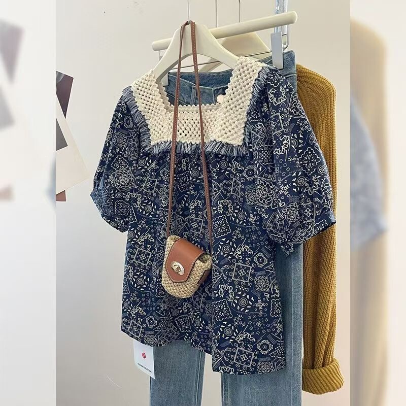 Lace Square-Neck Short-Sleeved Shirt with Patchwork 2026 Summer New Style Doll-Style Korean Retro Floral Top