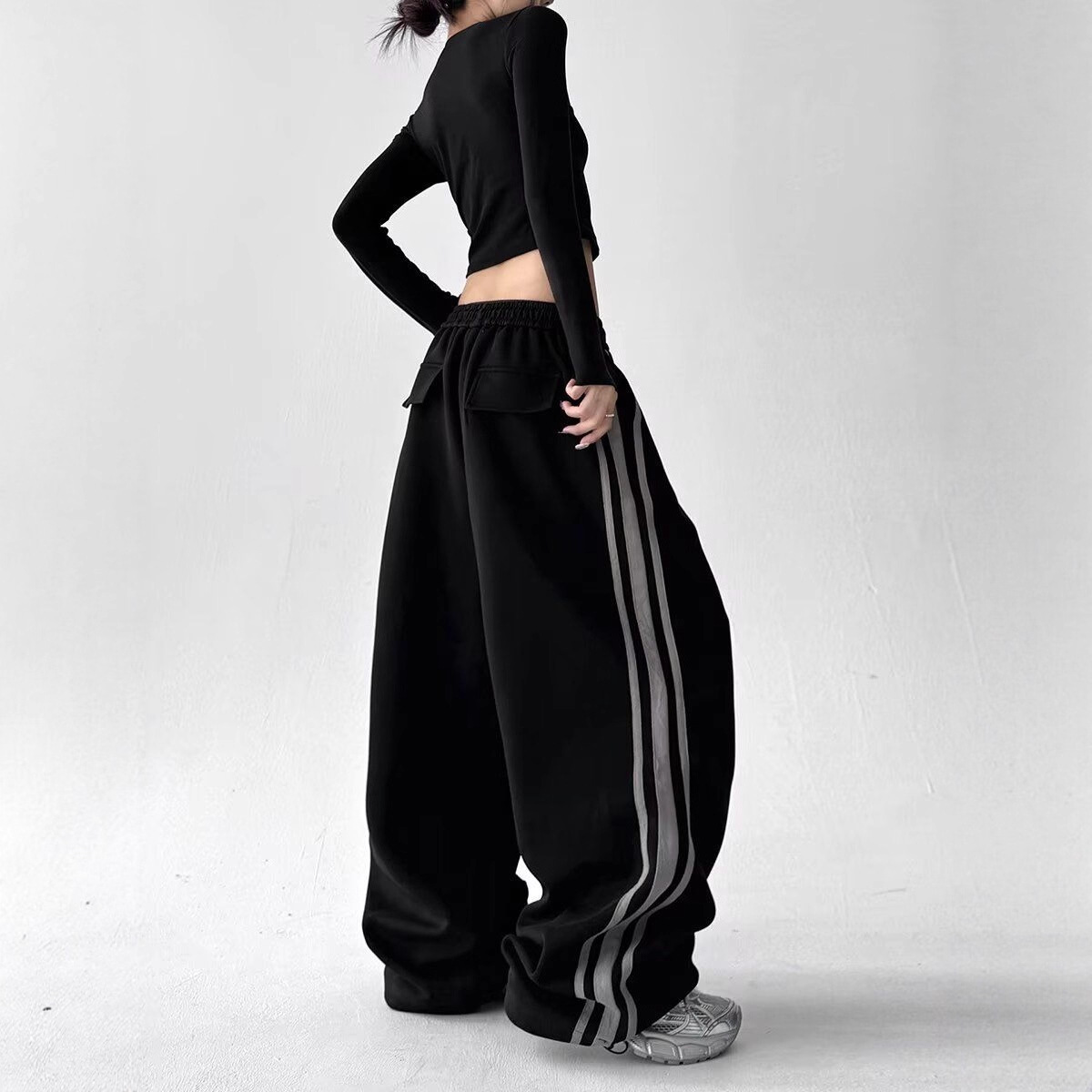 American Style Three-Bar Sweatpants Women's Autumn Retro Hip-Hop Street Jazz Dance Loose Straight-Leg Wide-Leg Casual Pants
