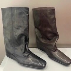 牛皮版~小众新款内增高方头宽松套筒中筒靴女时尚短靴时装骑士靴