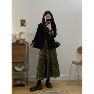 Fei Qi Qi in stock plus size Women's chubby girl New Style Chinese Style Jacket Dark Pattern Jacquard Velvet Skirt suit
