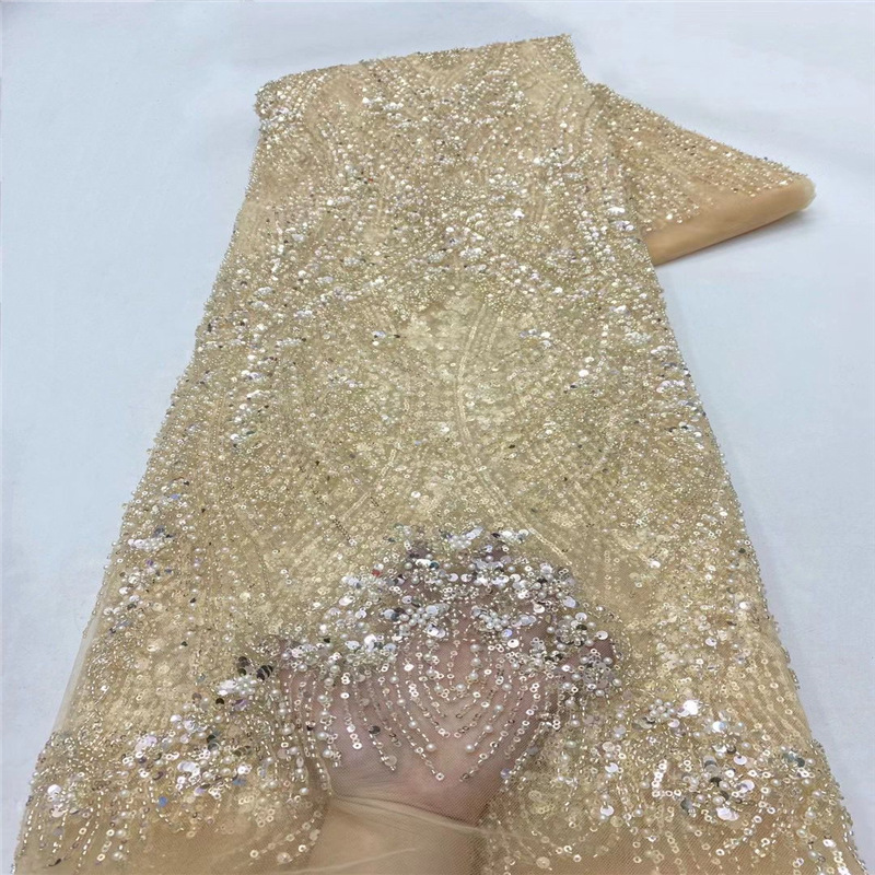 欧美亮片珠管绣网布面料 蕾丝手工珠重工面料 婚纱晚礼服绣花布料