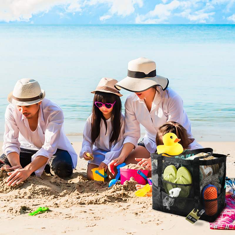 跨境鏤空網布沙灘包單肩手提旅行洗漱包健身游泳收納包8口袋海榕