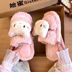 一字防滑毛毛拖鞋女秋冬季2025可爱卡通毛绒保暖居家室内棉拖鞋女