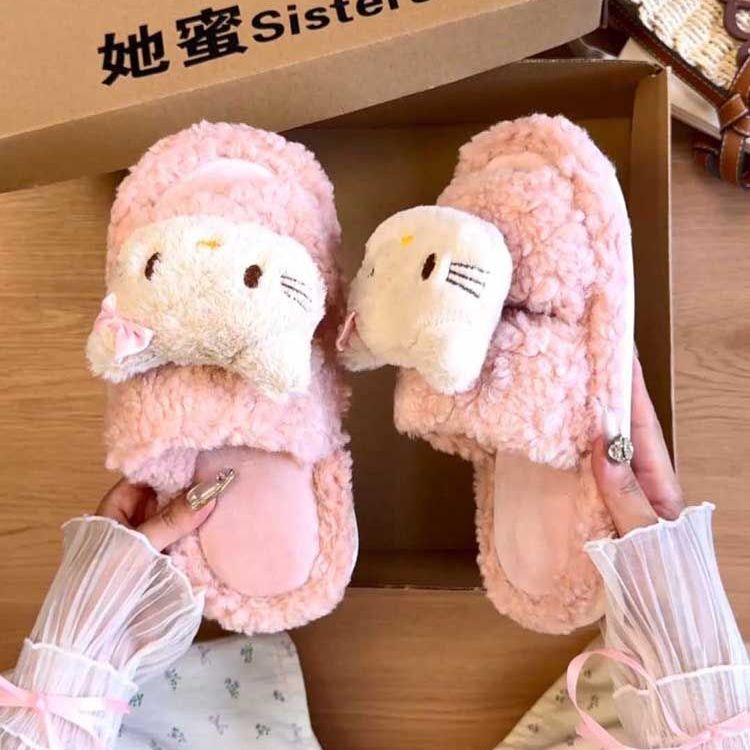 一字防滑毛毛拖鞋女秋冬季2025可爱卡通毛绒保暖居家室内棉拖鞋女|undefined