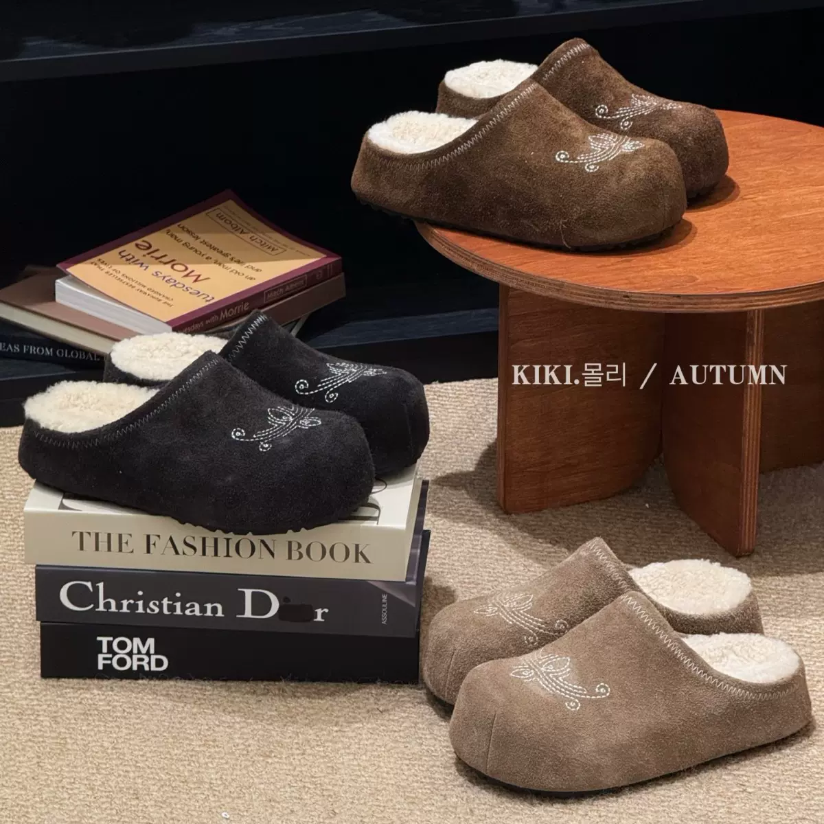 mollykiki 刺绣羊毛增高一脚蹬2025秋冬新款防滑舒适百搭勃肯拖鞋