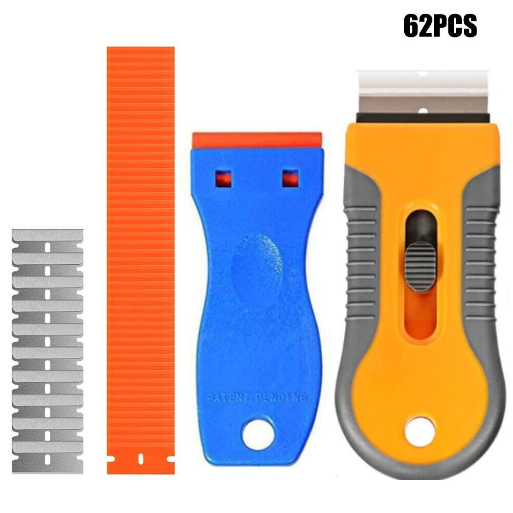 62件装迷你塑料刮刀套装带额外碳钢刀片、玻璃灶具刮刀、用于刮擦