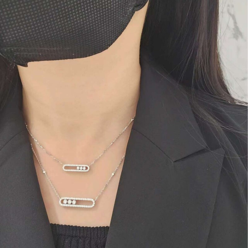 Meijia 高バージョン 3 ダイヤモンド スライド大小ネックレス スマートフルダイヤモンドペンダント エレガントなハイエンド鎖骨チェーン|undefined