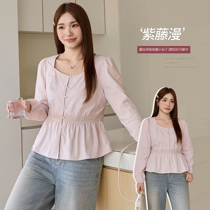 Light Elegant, Right Shoulder, Square Collar, Lace Waist Slimming Look Shirt for Women, Autum New Fat mm Large Size Shirt 65454