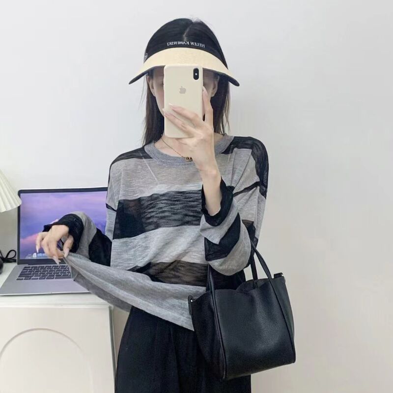 Custom Oem Plus-Size Round Neck Knit Top Summer New Striped Color-Blocking Women's Sun-Protective Long-Sleeve Linen Blouse