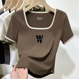 Summer New Ice Silk Thread Chubby Sister Slimming Shoulder Short-sleeved Women's Korean-style Ins Harajuku-style Striped Top for Women