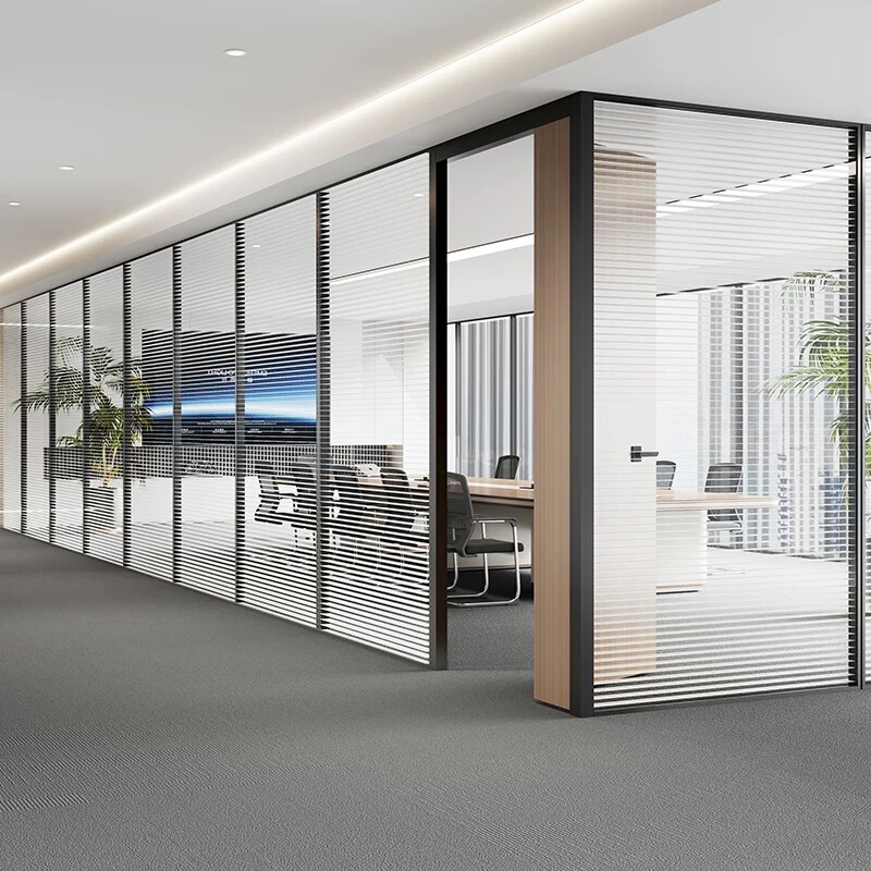 Office Glass Partition Wall Double-Layer Tempered Hollow Aluminum Alloy Louvered Screen Soundproof Frosted High Partition Wall