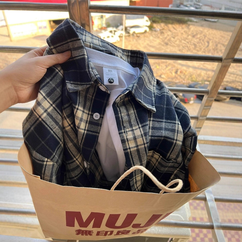 Navy Blue Plaid Shirt Men's Long-Sleeved Japanese Style Retro Lazy Style Shirt Loose American Couple Casual Jacket