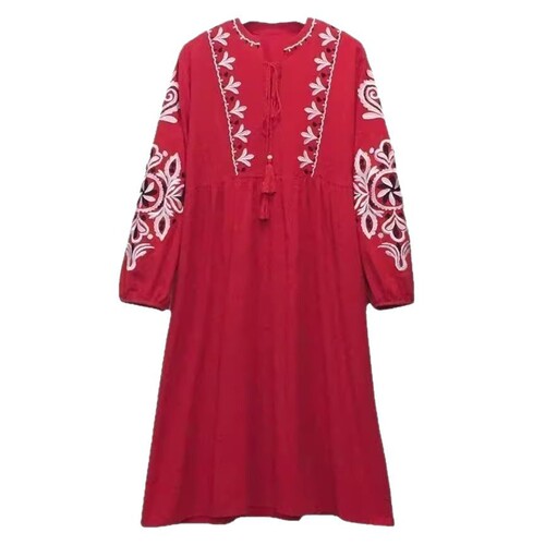 Ethnic-style cotton and linen dress, new cotton and linen embroidered long-sleeved dress, ethnic-style summer casual dress
