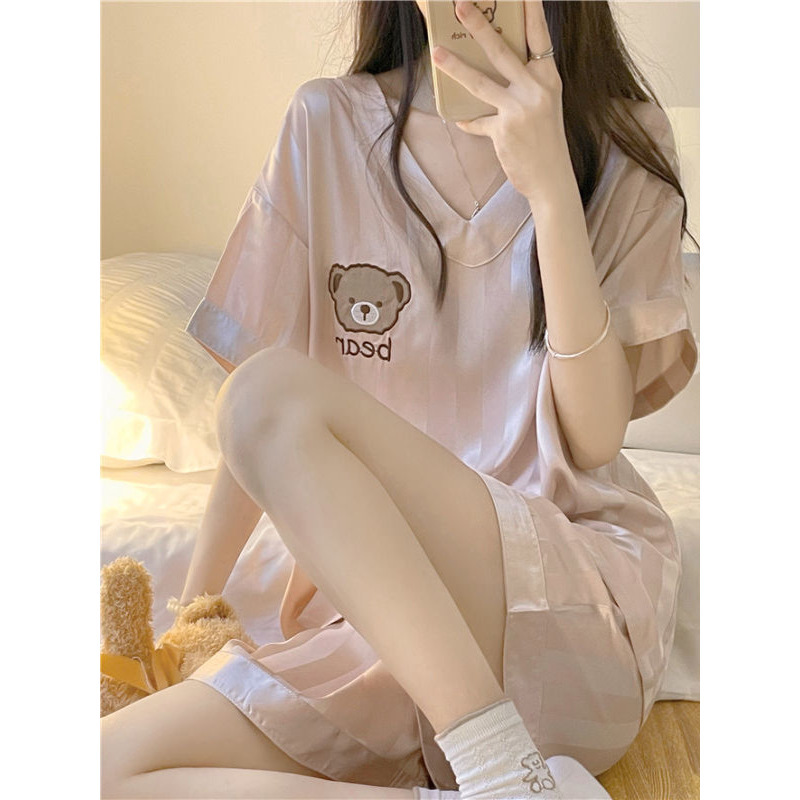 New Pajamas for Women Summer Ice Silk Thin Internet Celebrity Imitation Silk Short-Sleeved Sweet Silk Summer Home Wear Set