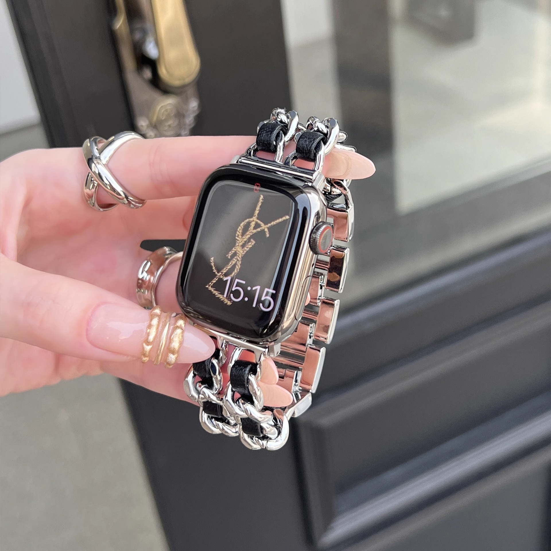 For Apple Watch Small Chanel Style Strap iwatch9 Generation 8765410 Representative with SE Leather Metal Denim for Women