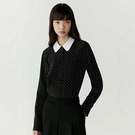 CICI小禾2025新款复古撞色领前片打褶波点印花真丝双绉衬衫