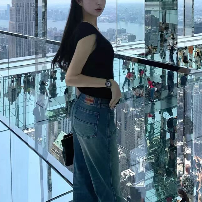 Thirteen Lines American Style Retro Front Pocket Rear Contrast Color Leather Label Design Micro-Lar Jeans Women's Summer Middle Waist Trousers