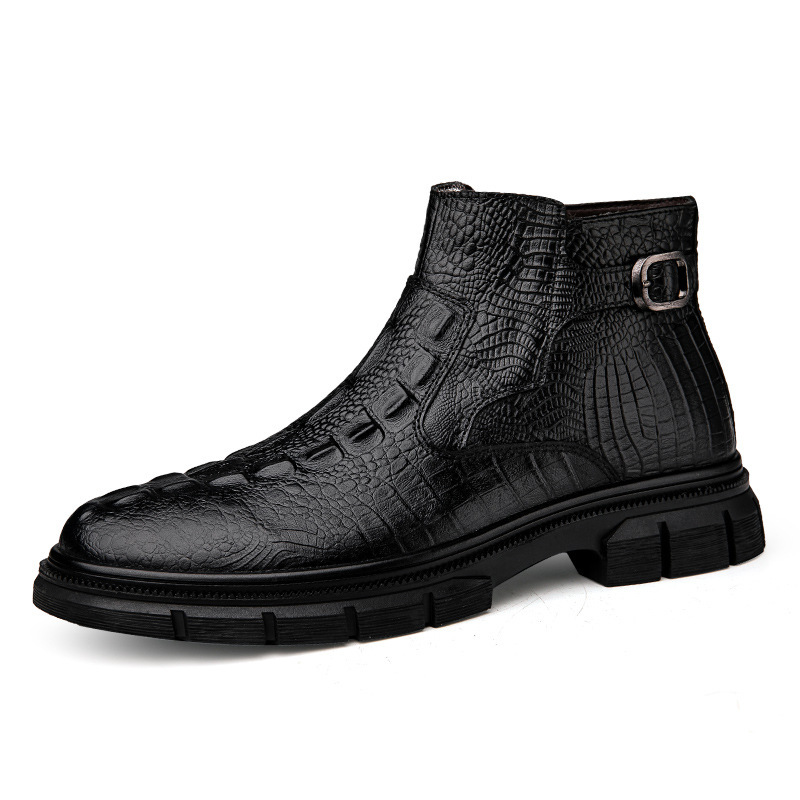 1151 Men's Shoes, Martin Boots, Business Leather Boots, Outdoor Autumn and Winter Mid-High Top Genuine Leather Crocodile Pattern Cowhide Casual Cotton Boots