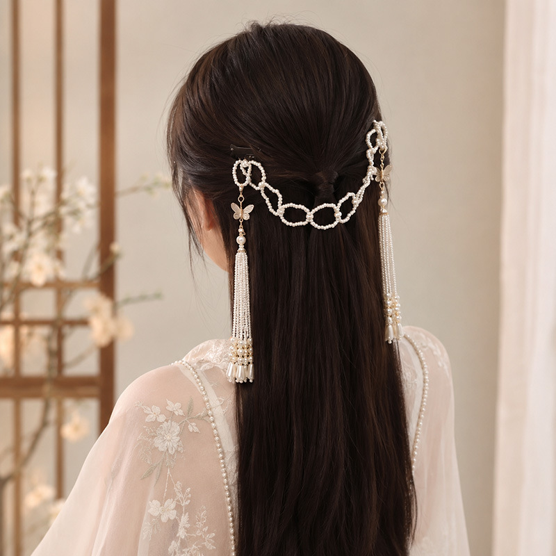 Hanfu-style soft hairpin with butterfly and pearl tassels, a hair chain in the Ming and Song dynasties style, suitable for ancient Chinese hairstyles, can be bent and worn at the back of the head