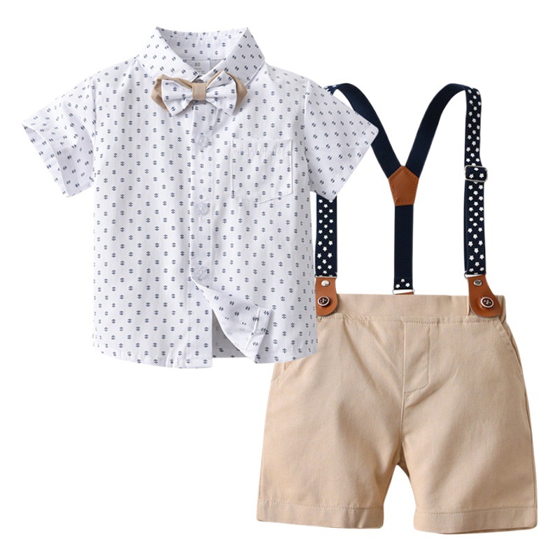 Ropa para niños al por mayor entrega de una sola pieza pantalones de tirantes finos británicos ropa de tres piezas para niños ropa de verano para niños de manga corta