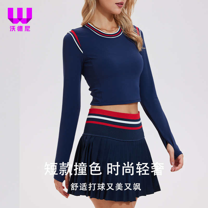 Otoño y invierno ropa de tenis femenina de colores falsos dos piezas de manga larga corta de cuello redondo cintura camiseta deportiva de acondicionamiento físico de secado rápido