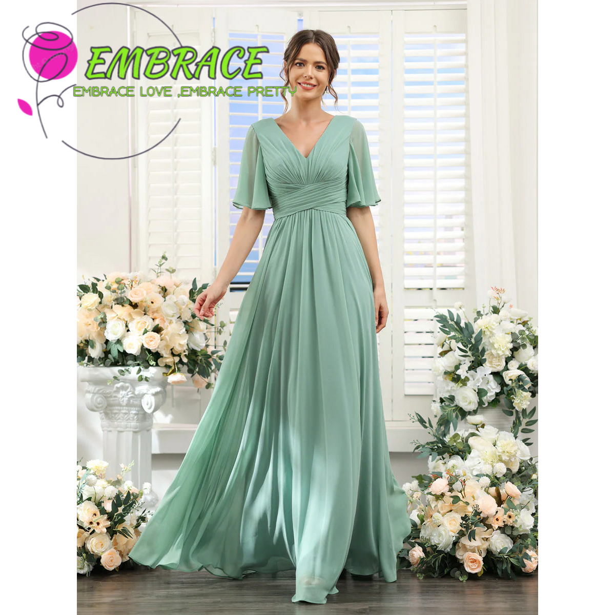 Verano nuevo vestido de noche de chiffon europeo y americano V-collar mangas mariposa novia vestido de damas de honor anfitriona de la fiesta vestido largo