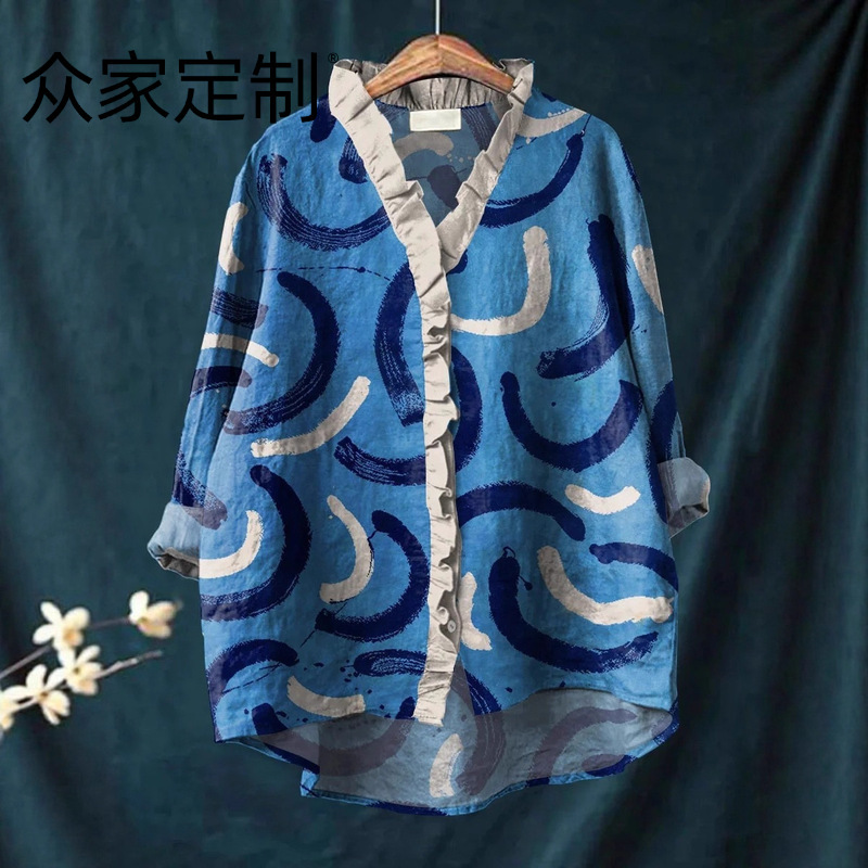 2025 Summer New Style Temu Amazon Aliexpress Loose Printed Casual Large Size Lace Women's Shirt E888