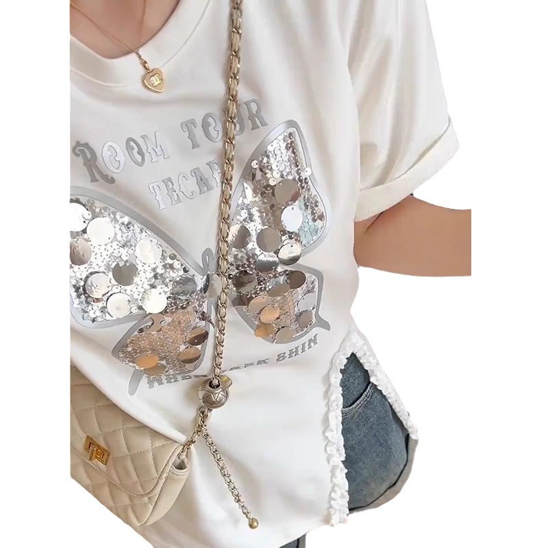 Camiseta de manga corta con lentejuelas de mariposa con costuras de encaje para mujer 2024 verano nuevo estilo suelto y delgado para mujer