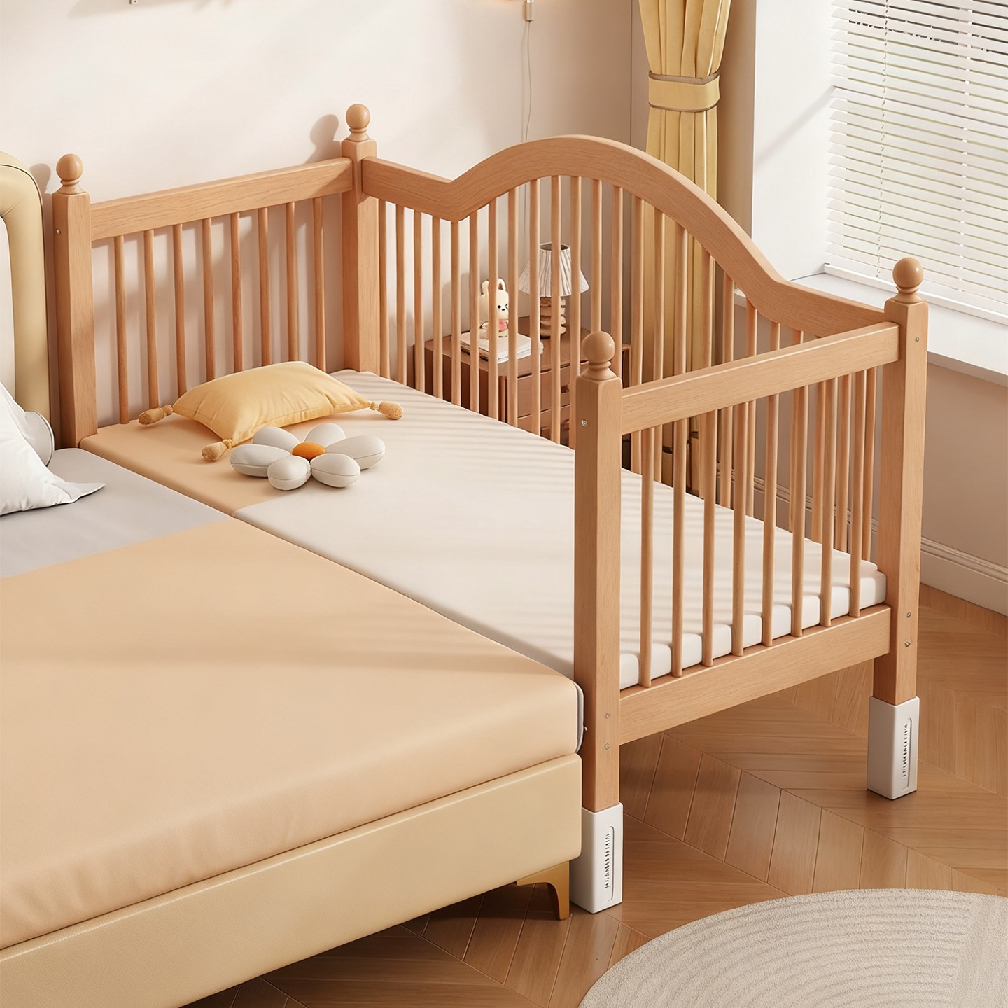 Beech Baby Splicing Bed Crib Splicing Large Bed Bedroom Children's Room Solid Wood Baby Bed Widened Side Bed with Guardrail