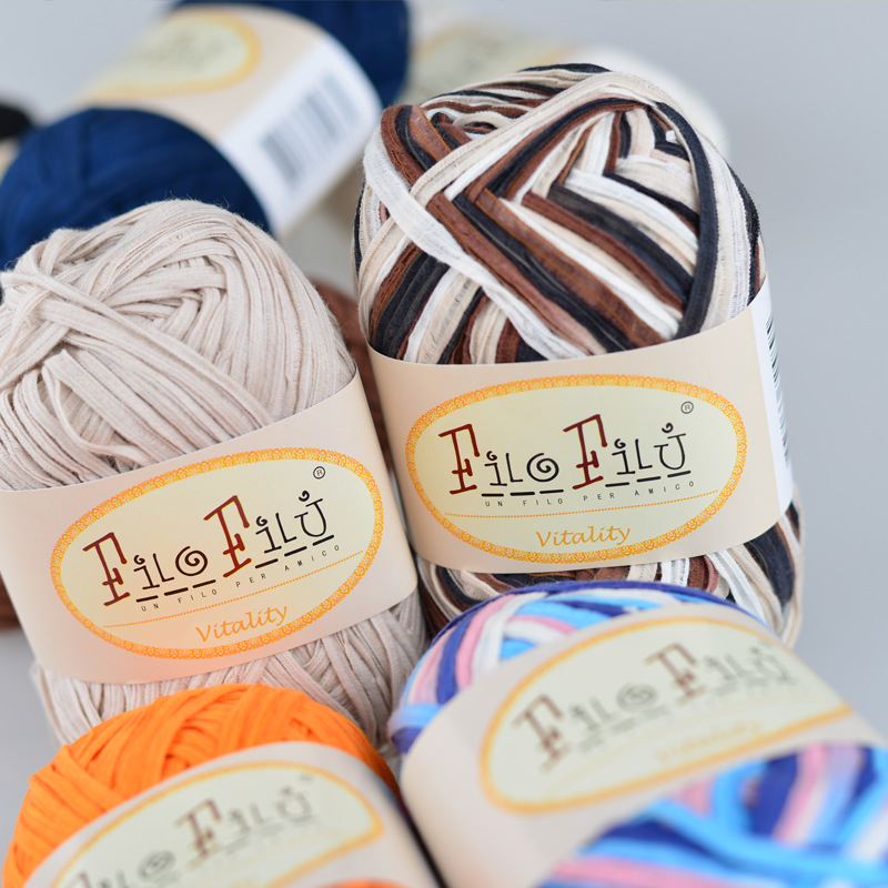 宽扁带棉拉菲透气线单股钩针线彩点纱材清凉棉锦混纺精纺花式纱