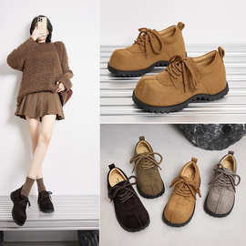 内增高6.5单鞋女大头磨砂德比鞋厚底系带复古乐福鞋英伦风小皮鞋