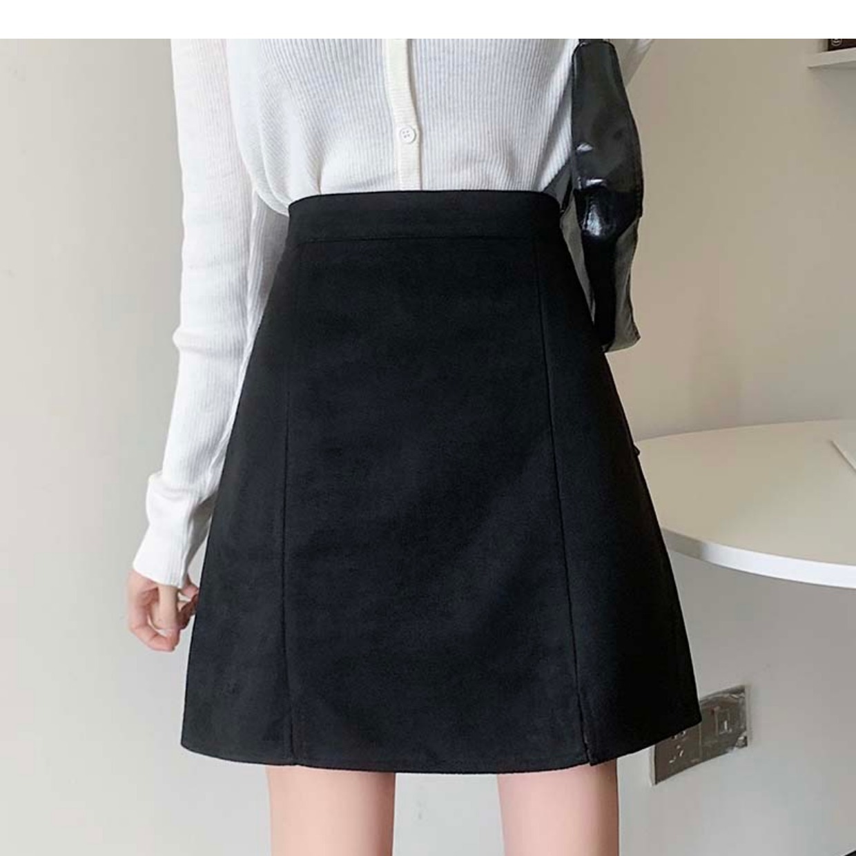 GraceChic GraceChic GraceChic 2023 Autumn Winter High Waist Split Suede Velvet Midi Plus Size Slimming A-line Bodycon Versatile Black Short Skirt_voghion.com