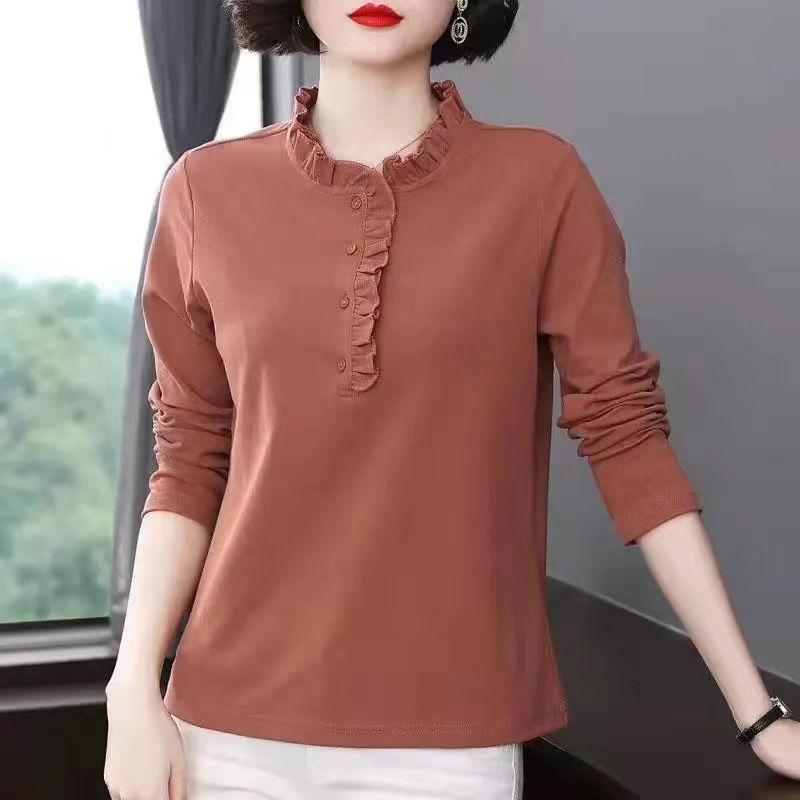 Long-Sleeved Top, Spring & Fall T-Shirt, Women's Fungus Collar, Middle-Aged Mother's Loose Large Size Stand-Up Collar, New Style Bottoming Shirt
