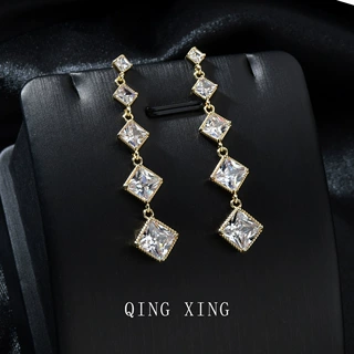 S925银针新款耳环品质耳饰AAA锆石镶嵌铜华丽长款时尚轻奢款耳环