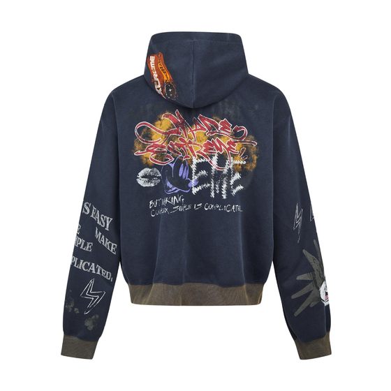 American Retro Graffiti Print Hooded Sweatshirt for Men and Women to Do Old Fashion Brand Loose Casual 2024 Autumn New Jacket